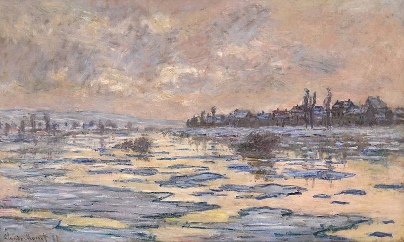 La Seine à Lavacourt, débâcle de Claude Monet, óleo sobre lienzo que muestra aguas heladas del río al amanecer.