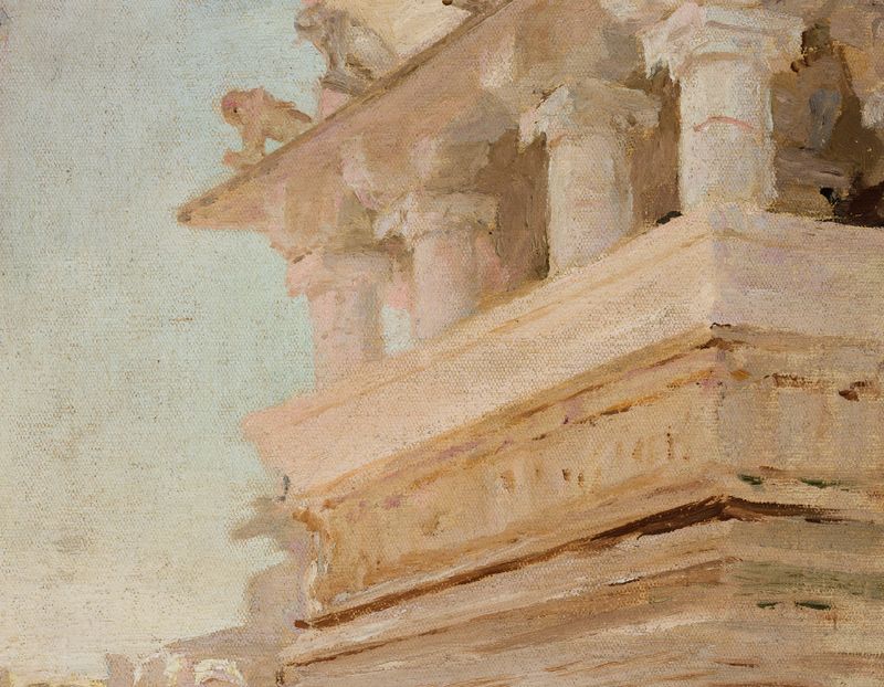Óleo sobre tela de Jan Ciągliński representando um templo em Udaipur com luz solar e água.