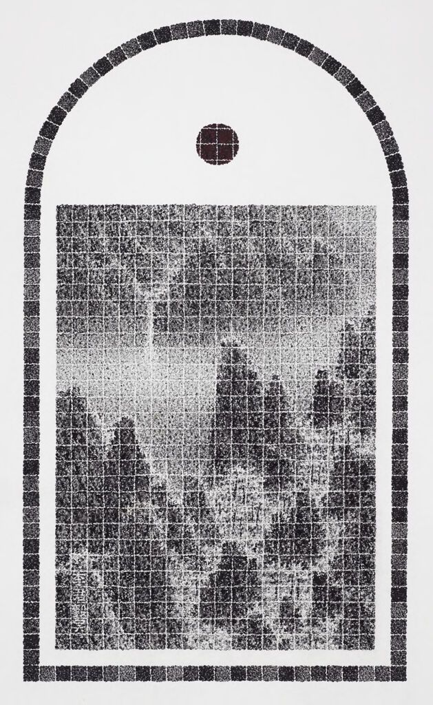 Forested Peaks, Distant Waterfall, tinta sobre papel de Lee Chun-Yi