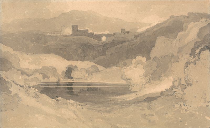 Castelo em uma paisagem, aquarela sobre papel de John Sell Cotman