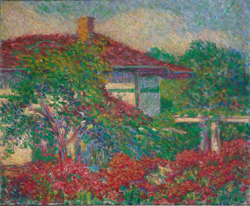 Landscape with Red Roof Building by Carl Newman, oil painting featuring a rural scene.