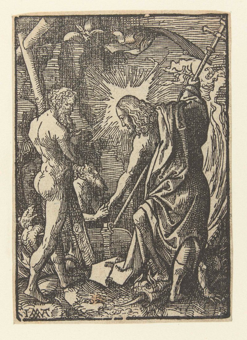 Religious scene with figures in gold, paper by Jacob Cornelisz van Oostsanen