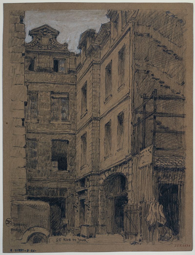 La maison du nº25 de la rue du Jour de Ferdinand Boberg, óleo sobre lienzo que muestra una escena urbana.