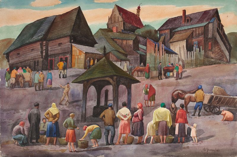 Escena de género que representa una plaza de mercado de Władysław Skoczylas, 1926