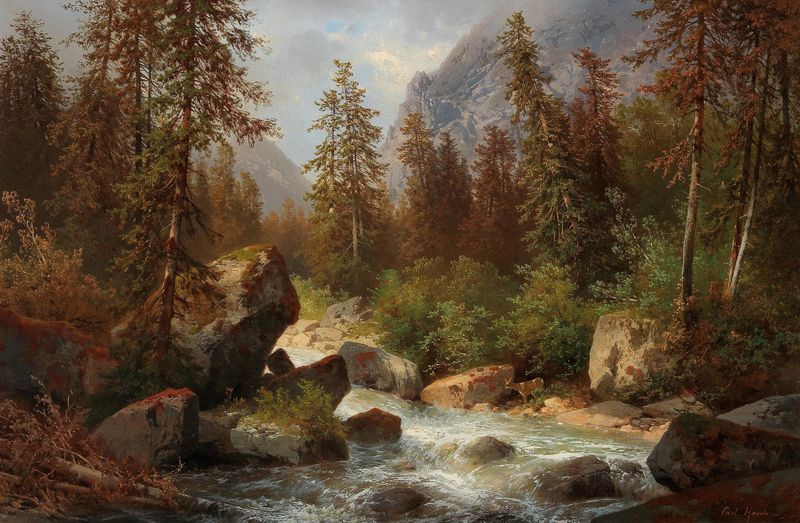 Scene By The Waldbachstrub Near Hallstatt, oil on canvas by Carl Hasch