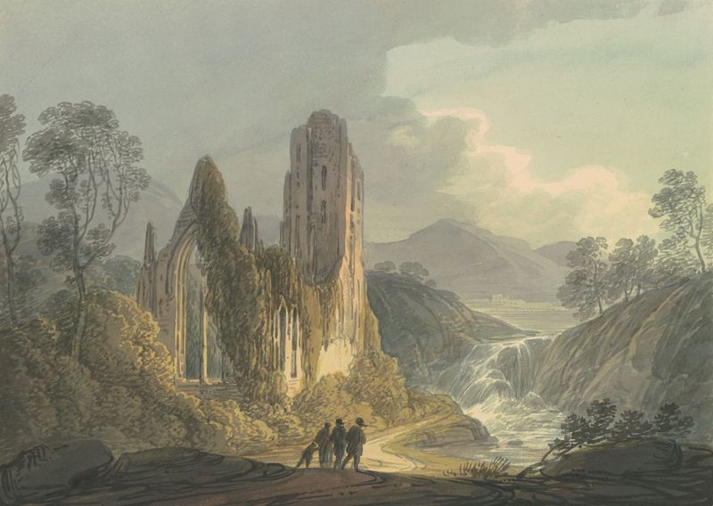 A Ruined Abbey by a Waterfall, watercolor on paper by William Payne
