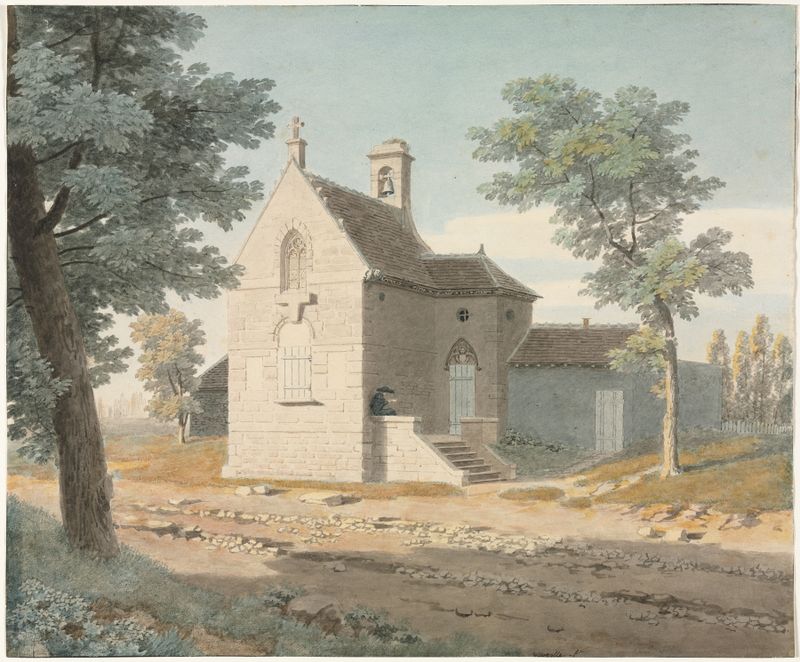 Iglesia de Jean Lubin Vauzelle, óleo sobre lienzo que muestra una iglesia junto a un camino sinuoso y horizonte.