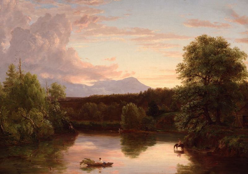 North Mountain and Catskill Creek de Thomas Cole, pintura a óleo de uma paisagem serena com um riacho.