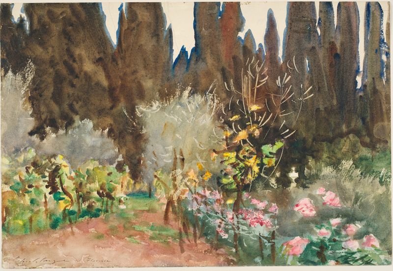 Jardines en Florencia de John Singer Sargent, pintura al óleo impresionista de una figura en un jardín exuberante.