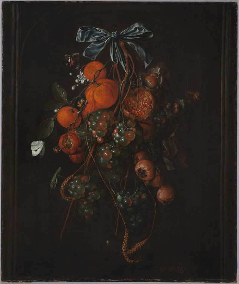Still life with fruits and wheat, oil on canvas by Cornelis de Heem