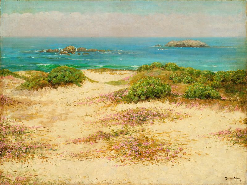 Monterey Coast by Theodore Wores, oil painting depicting a serene coastline with waves.