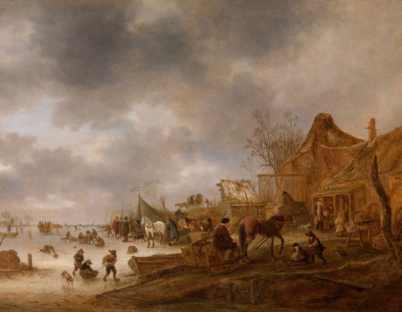 Winter Landscape by Isaac van Ostade, oil on canvas, featuring snowy fields and bare trees under soft light.