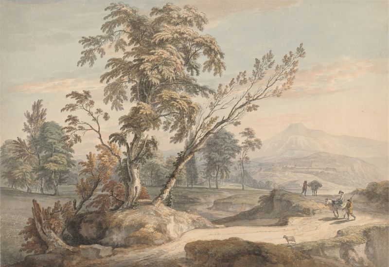 Paisaje italiano con viajeros, acuarela sobre papel de Paul Sandby
