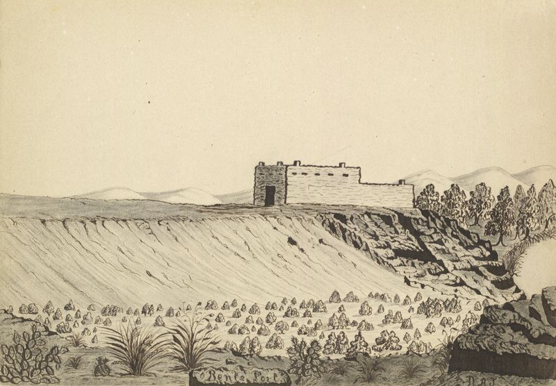 Bents Fort de Daniel A. Jenks, 1859, que muestra un fuerte de piedra contra un vasto cielo