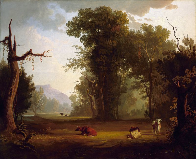 Landscape with Cattle by George Caleb Bingham, oil painting depicting cattle in a tranquil pasture.