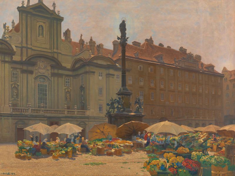Genre scene of a flower market with vendors by Hans Wilt, 1914, impressionism
