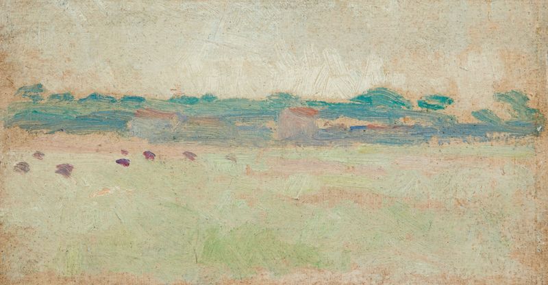 Landscape by Louis Hayet, Impressionism, featuring a tranquil sky and rolling hills.