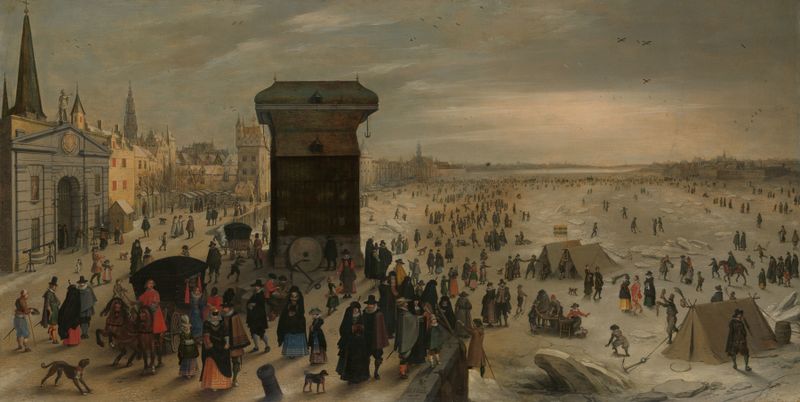 The Crane on the Antwerp Quay, oil on canvas by Sebastian Vrancx, featuring a crane by the frozen Scheldt.