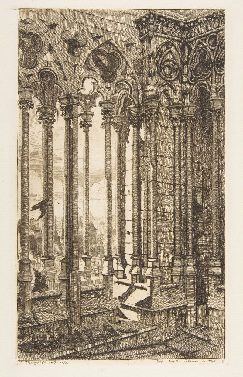 Gallery, Nôtre-Dame Cathedral, Paris by Charles Meryon, etching showing gothic arches and intricate details