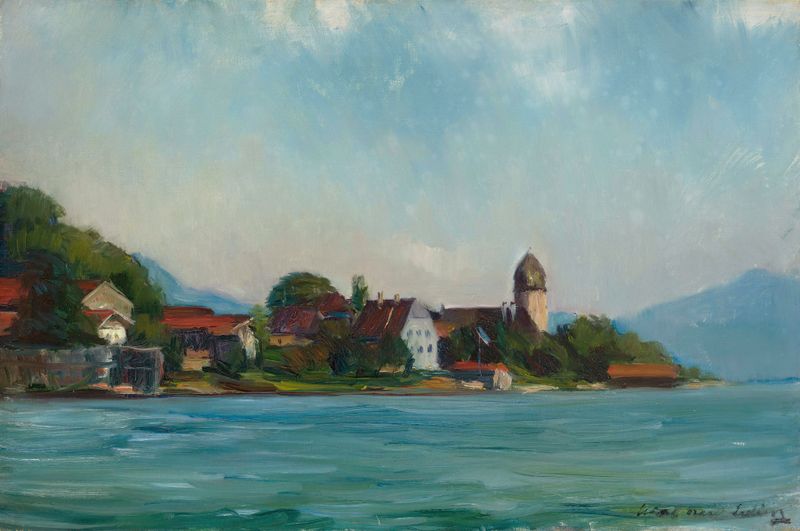 Serene waters reflecting twilight hues in an oil painting by Hiasl Maier-Erding