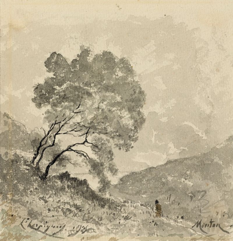 Paisaje óleo de Henri-Joseph Harpignies con vegetación exuberante y colinas.
