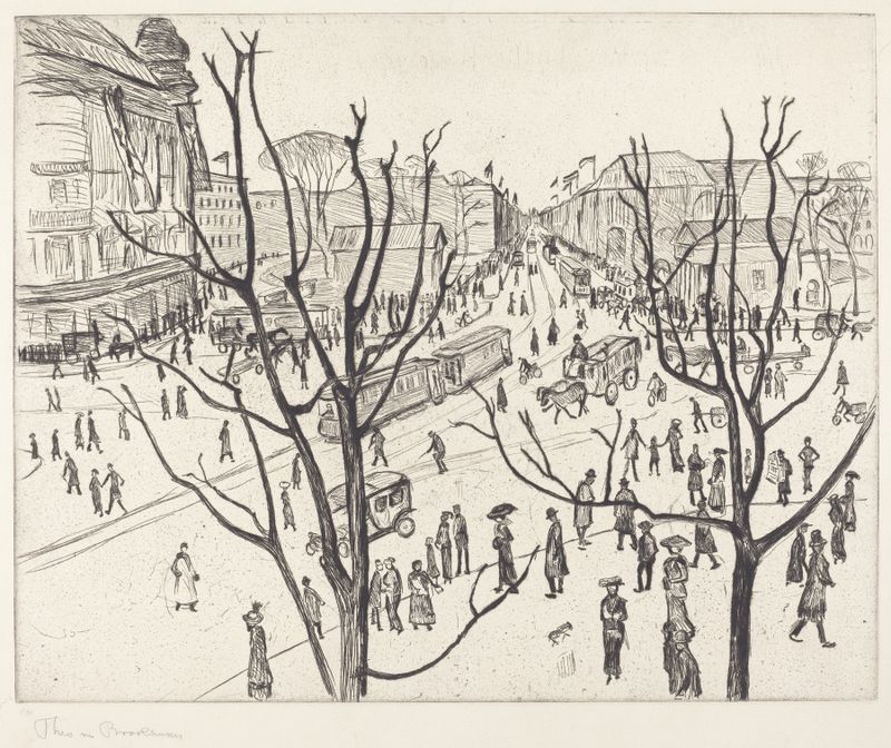 Escena de género que representa una bulliciosa plaza de la ciudad por Theo Von Brockhusen, pintura al óleo.