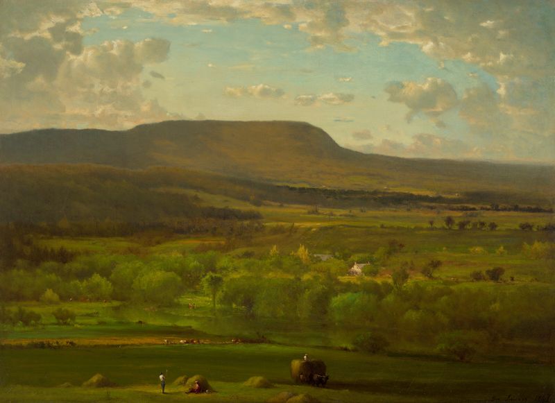 Leeds, Nueva York de George Inness, óleo de un paisaje sereno con follaje de otoño y un arroyo.