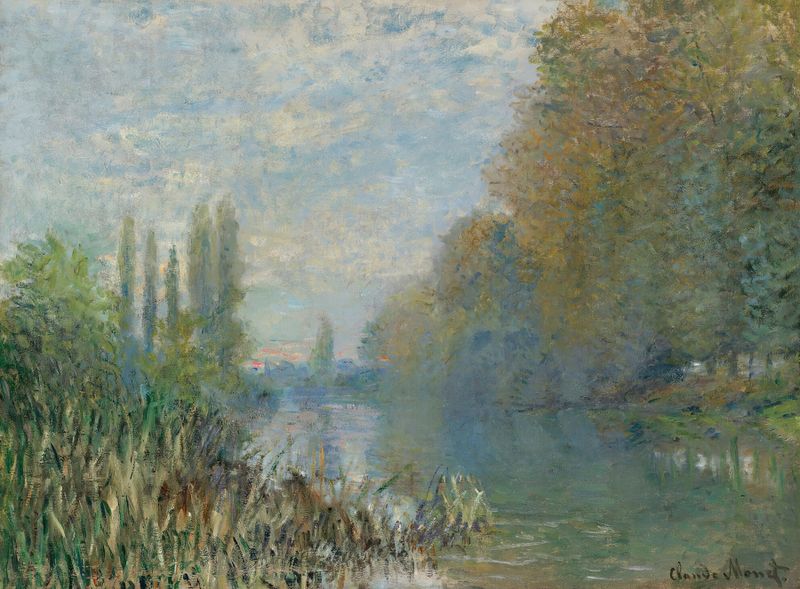 Bords De La Seine En Automne de Claude Monet, pintura a óleo que mostra folhagem de outono e reflexos no rio.