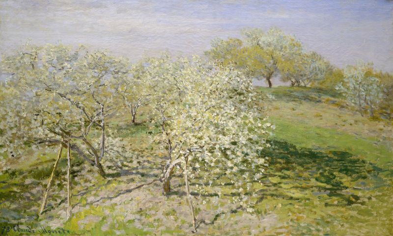 Pintura a óleo de árvores frutais em flor de Claude Monet