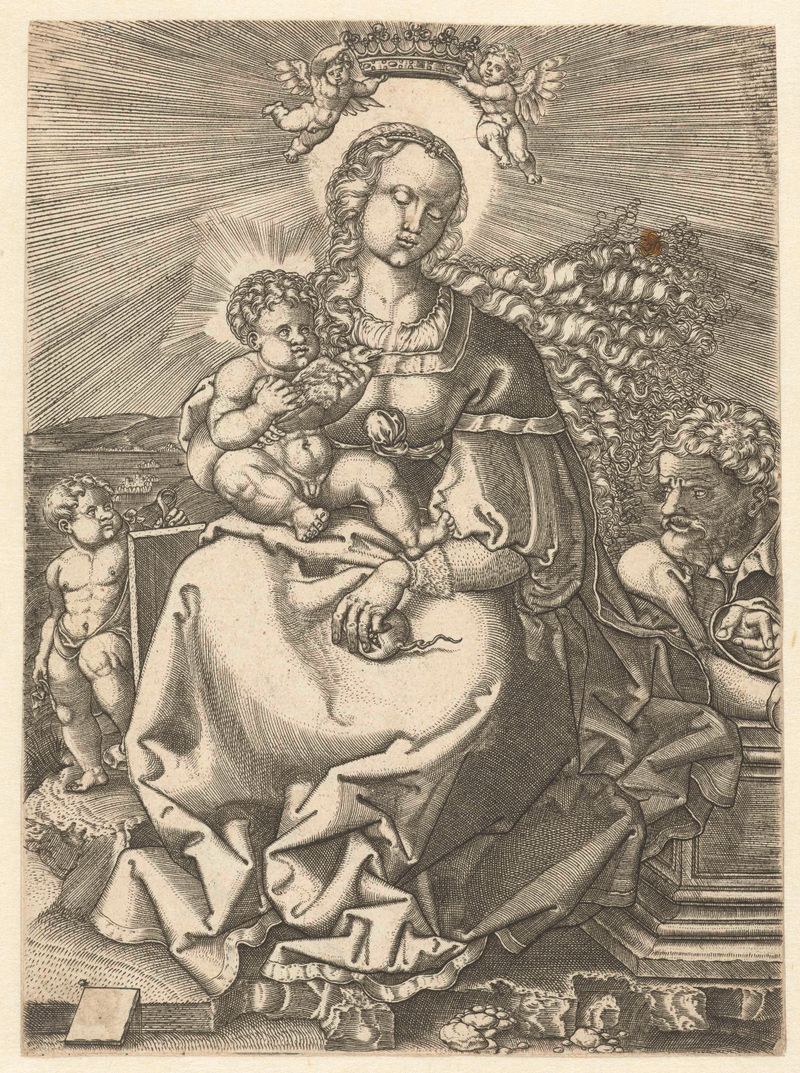 Grabado de Jacob Binck que representa a María, José y el niño Jesús en un abrazo tierno