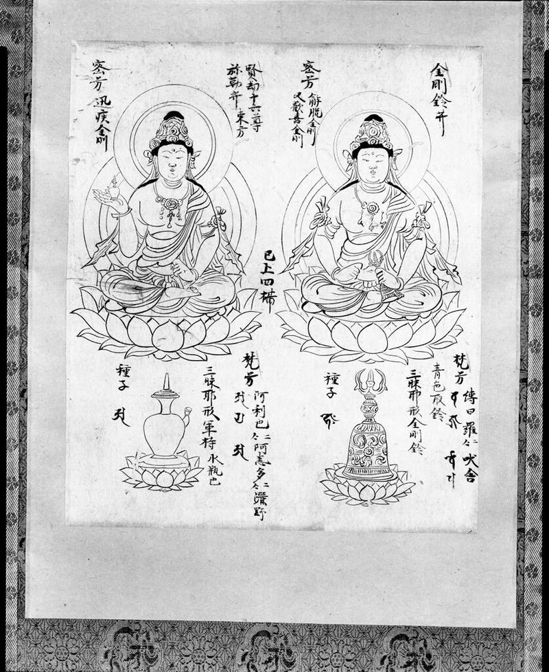 Desenho iconográfico de duas divindades budistas, tinta sobre papel de Koshun Hoin