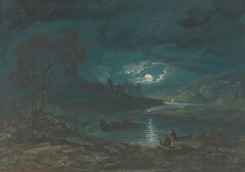 River landscape with a ruined abbey at night by John Laporte