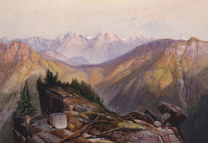 Lower Yellowstone Range de Thomas Moran, óleo sobre lienzo que representa montañas y nubes