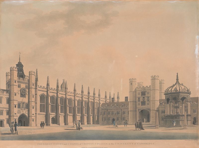 Arquitectura neoclásica de Thomas Malton the Younger, representando Cambridge University Great Court y Chapel