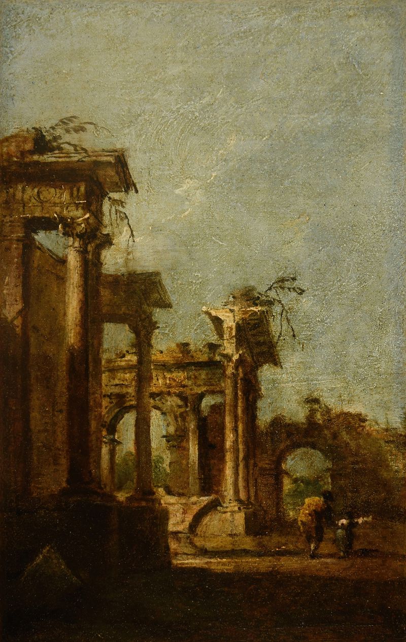 Cena de gênero rococó de Francesco Guardi, retratando caos e luz em suaves tons.