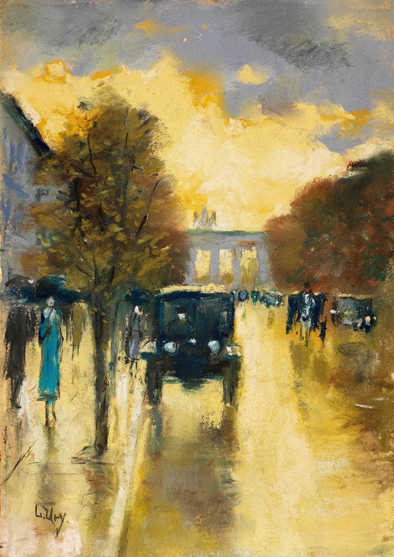 Paisagem de árvores ao longo de uma avenida com luz filtrada, pintura a óleo de Lesser Ury