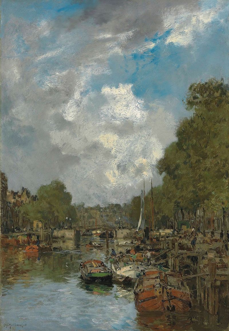 Oil painting of a busy canal in Rotterdam by Johan Hendrik Van Mastenbroek
