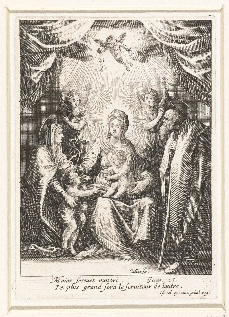 Gravura de Jacques Callot retratando a Sagrada Família em um abraço caloroso.