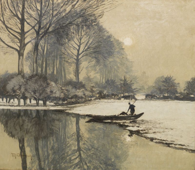 Winter landscape with a fisherman, oil on canvas by Max Clarenbach