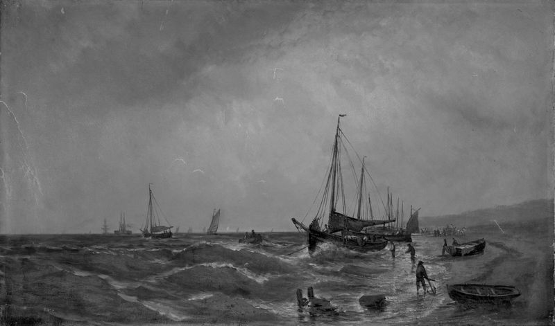 Seacoast de E. Baker, óleo sobre tela retratando ondas e penhascos