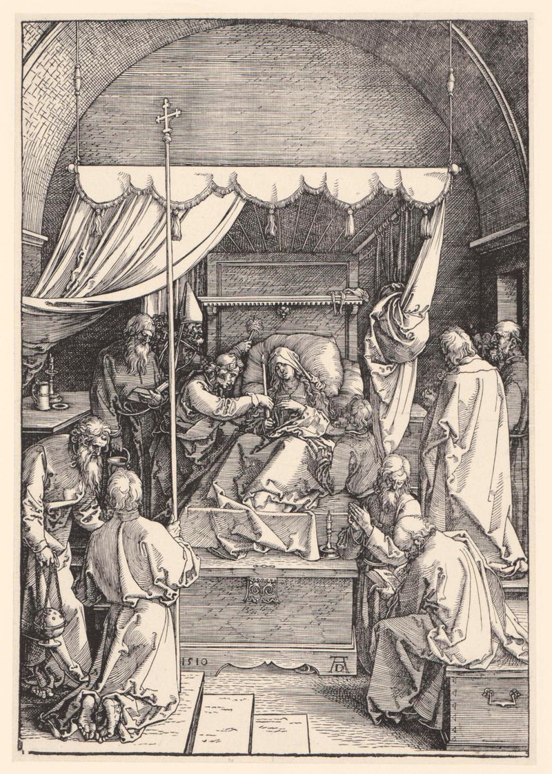 Sterfbed van Maria de Albrecht Dürer, medio papel, Virgen María en reposo rodeada de figuras.