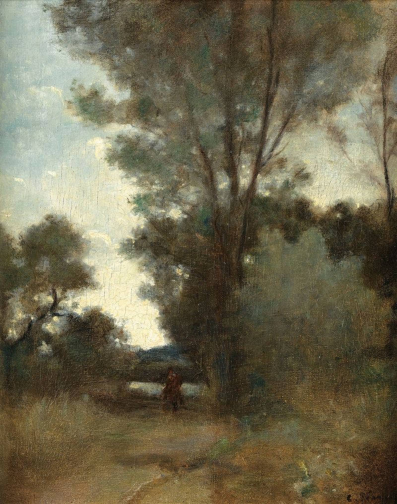Cavalier À L’orée D’un Bois de Camille Pissarro, pintura al óleo que representa a un caballero en un bosque.