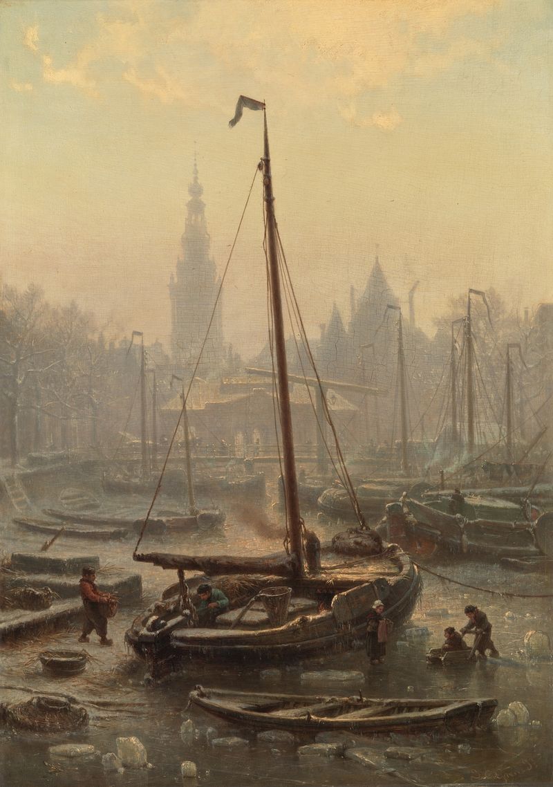 Landscape of The Nieuwmarkt in foggy weather by Johan Conrad Greive, oil painting.
