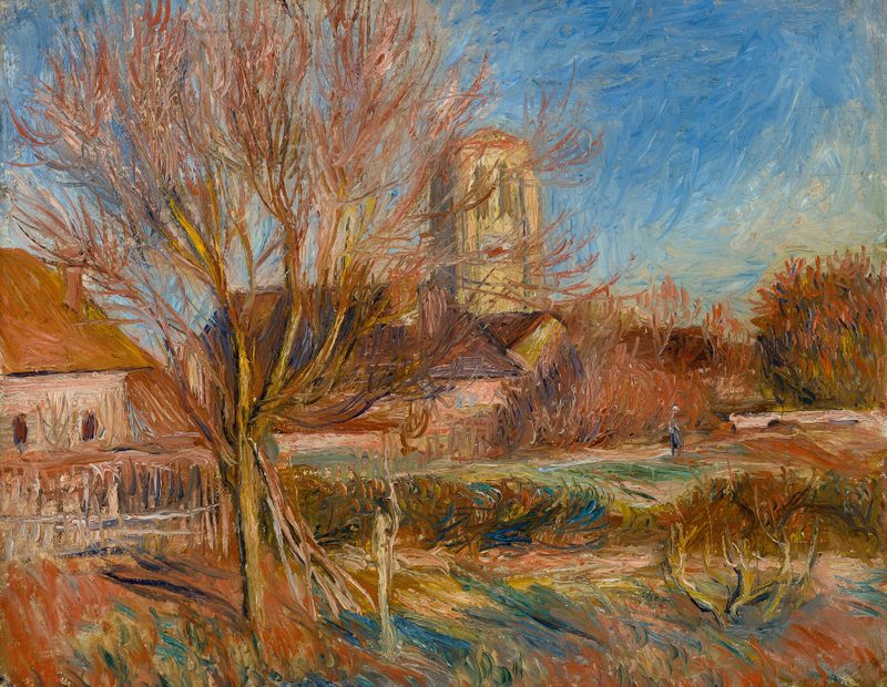 L’église à Essoyes de Pierre-Auguste Renoir, óleo sobre lienzo, muestra una iglesia rodeada de luz solar y vegetación.