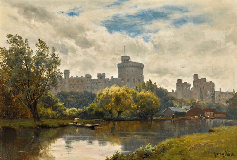 Windsor Castle from the Thames de Alfred de Bréanski, pintura al óleo que representa un castillo al atardecer.