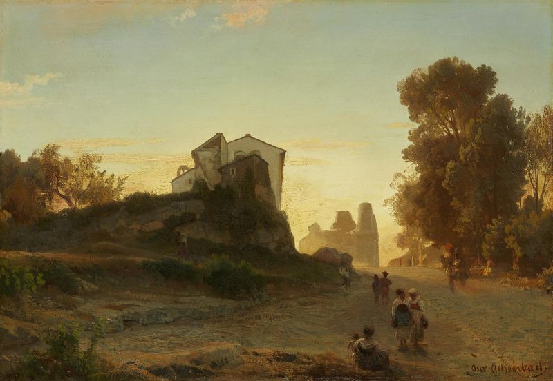 Pintura a óleo de Oswald Achenbach retratando uma rua de paralelepípedos ao crepúsculo.