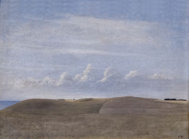 Paisagem de Vilhelm Hammershøi, pintura a óleo que retrata um horizonte sereno com verdes suaves e cinzas claros.