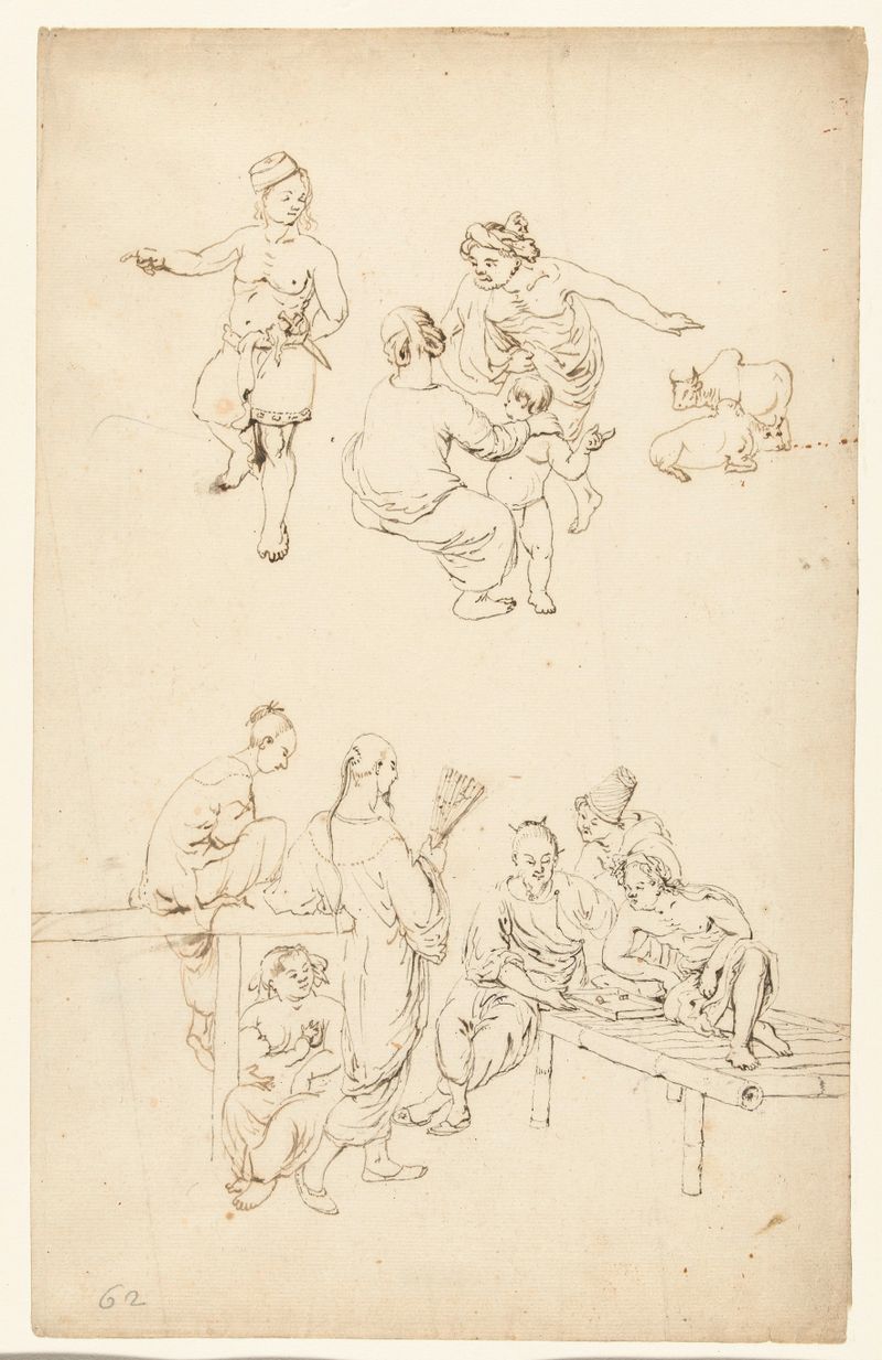 Escena figurativa con dos grupos de figuras de Wouter Schouten, pintura al óleo
