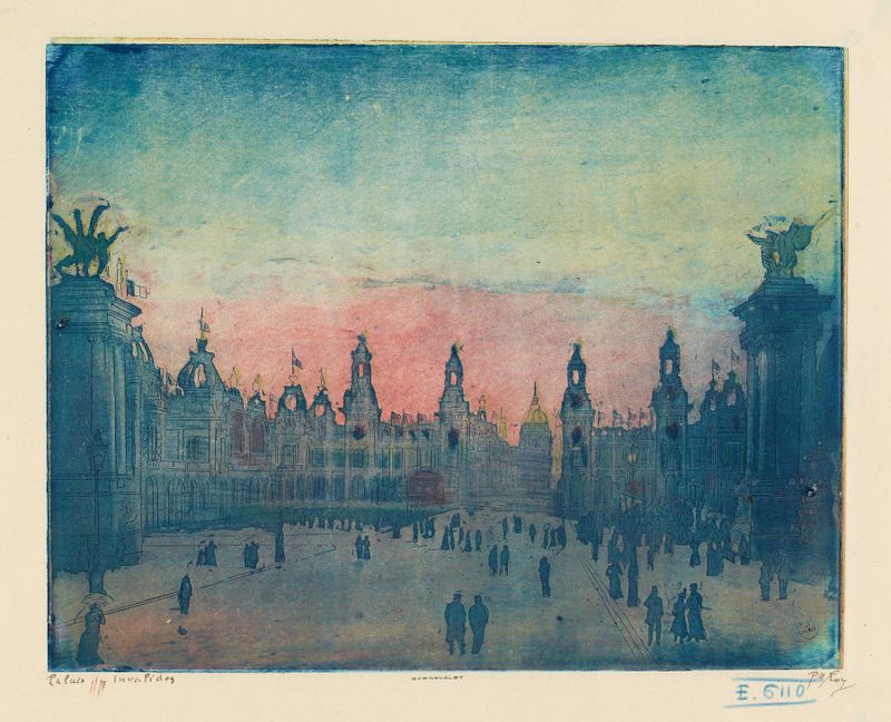 Palais des Invalides, oil on canvas by Pierre-Marcel Roy, featuring a grand dome and muted sky.