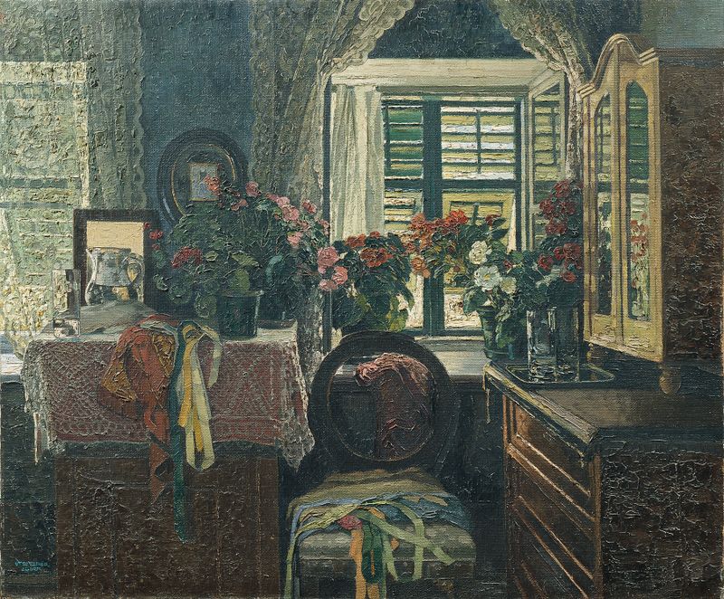 Interior scene with a vase and flowers by Josef Stoitzner, modernism
